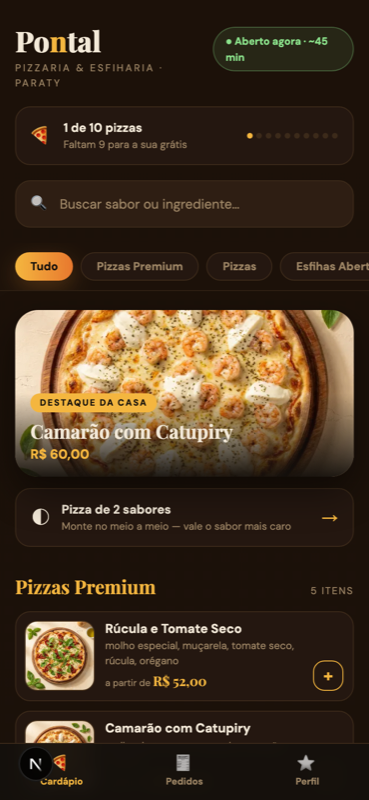 App do cliente da Pizzaria Pontal com cardápio, busca e destaque da casa