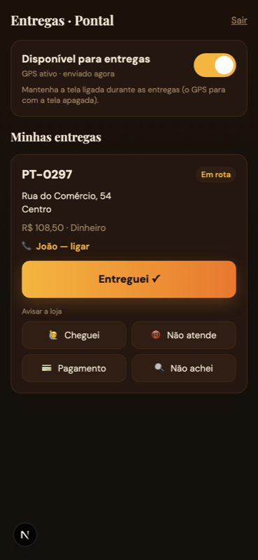 App do motoboy com a entrega em rota e botões de um toque